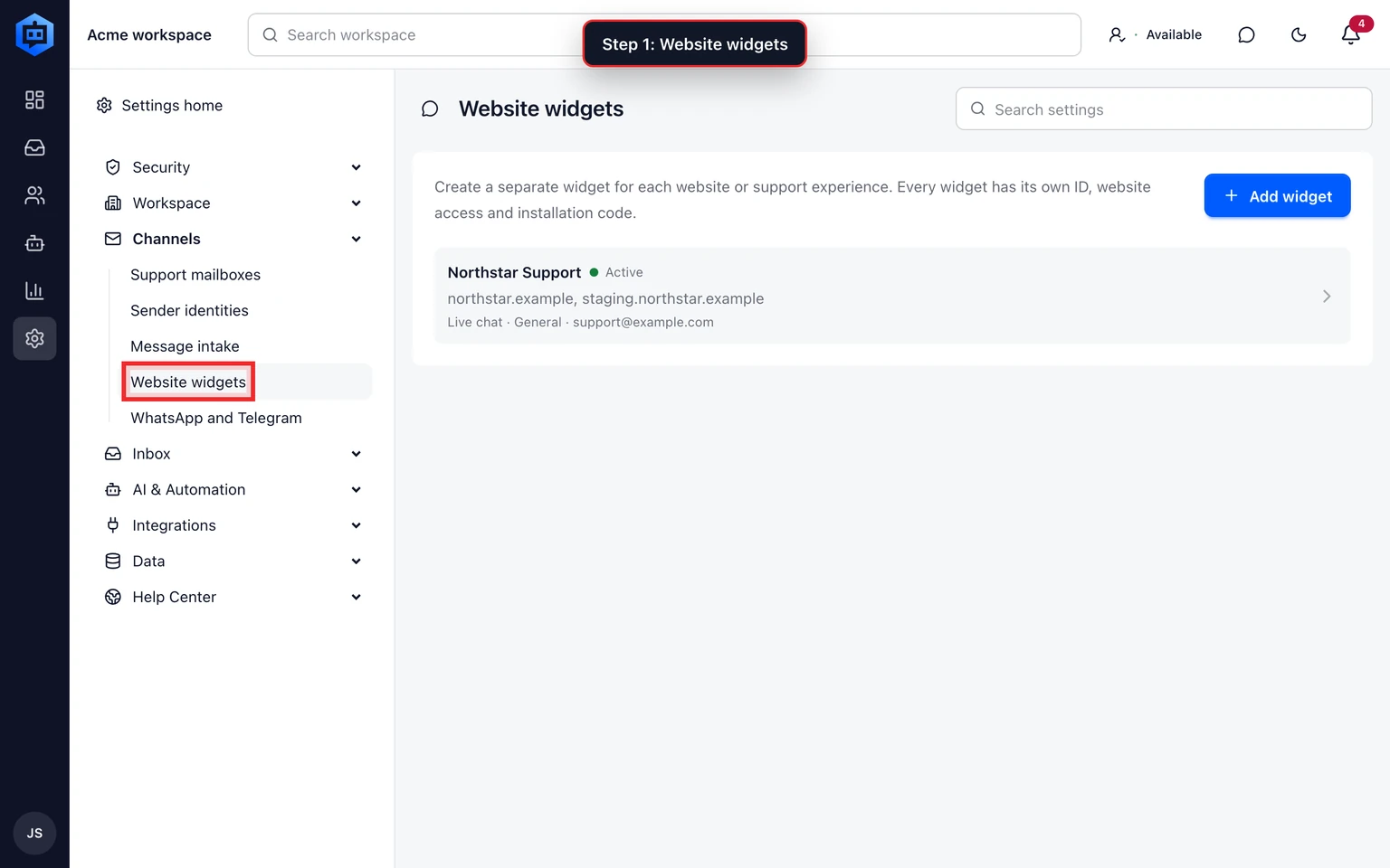 Set up the DobroDesk website widget: Connect the widget to the right Inbox, 1. In DobroDesk open Admin, choose Channels, select Website widgets and then choose Add widget.
