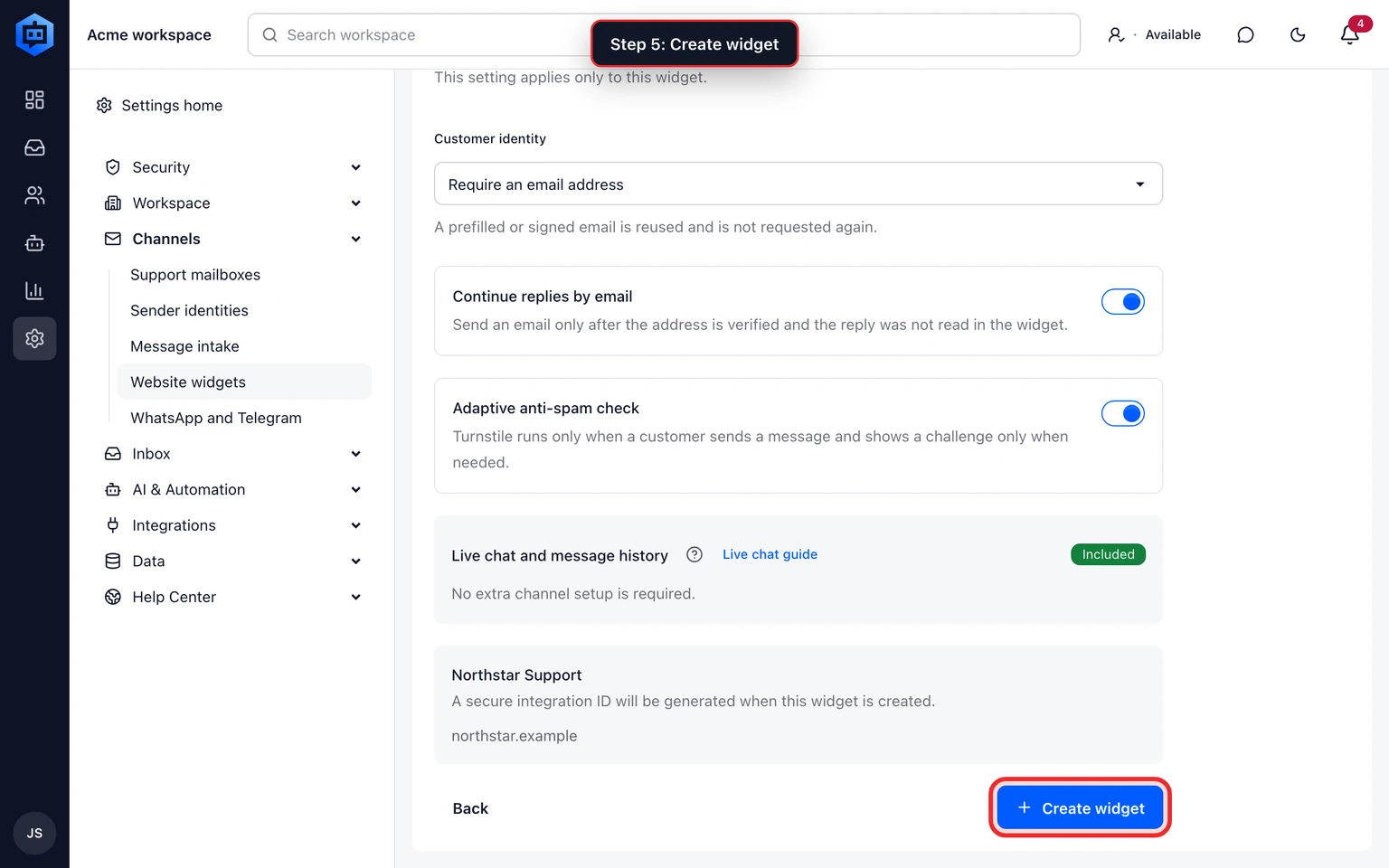 Set up the DobroDesk website widget: Connect the widget to the right Inbox, 5. Choose whether to keep the widget as a draft or activate it, then select Create widget. The new widget now appears in the widget list.