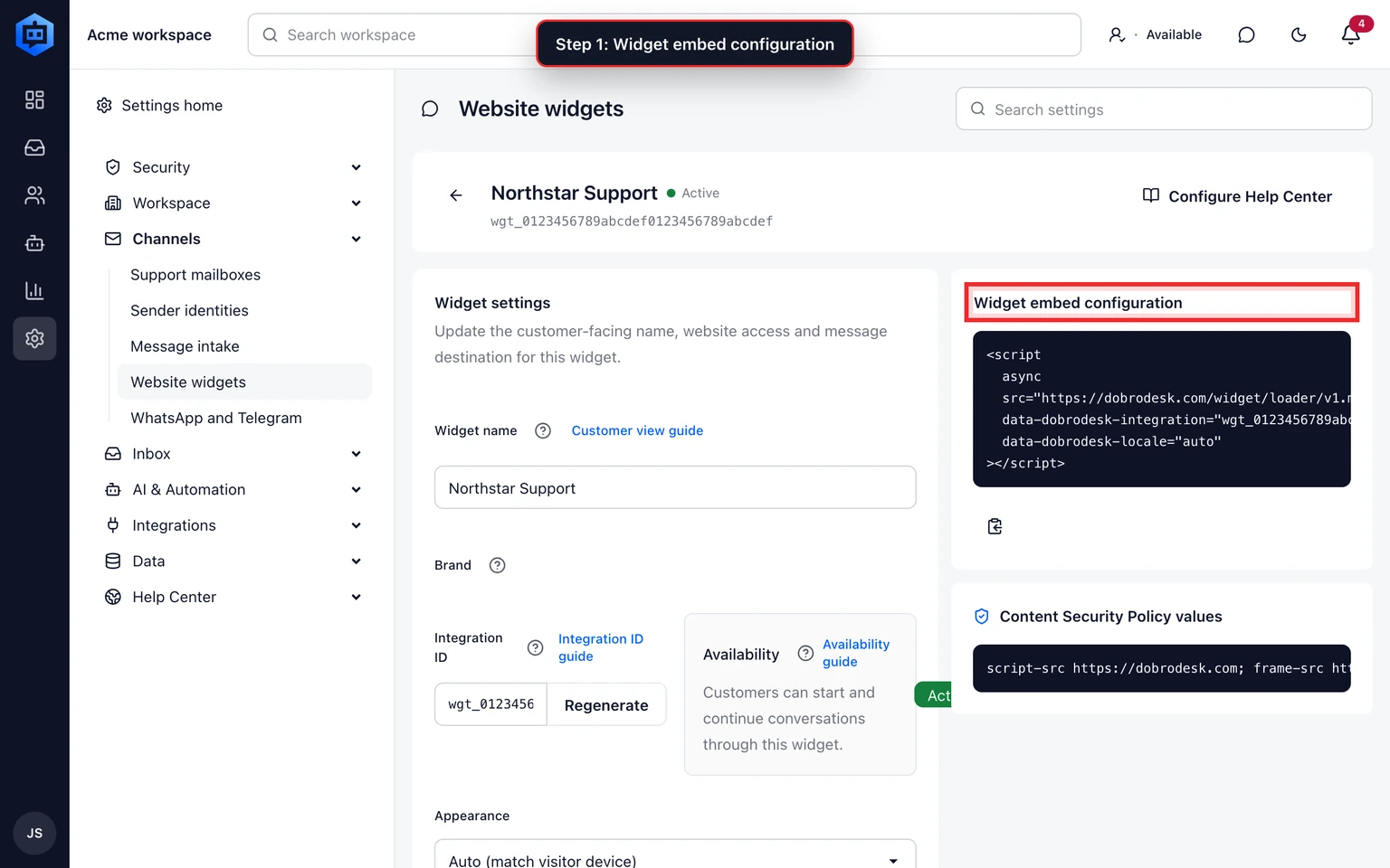 Initialize the DobroDesk widget programmatically: Initialize one widget instance, 1. Copy the Integration ID from Admin > Channels > Website widgets.