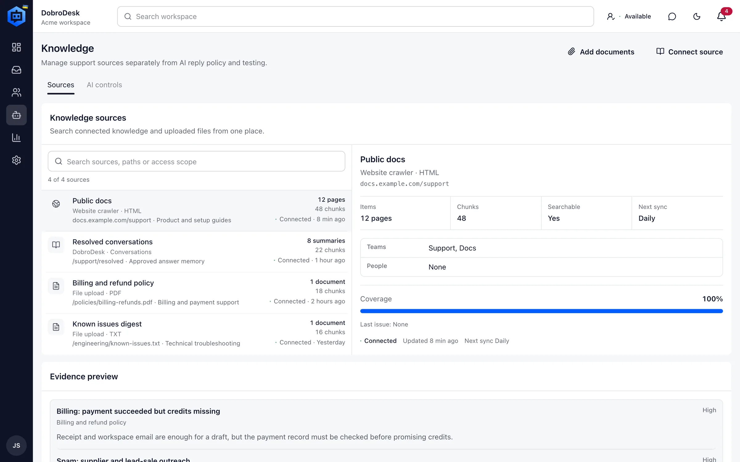 DobroDesk AI and knowledge screen with automation guardrails, sources and answer test panel.
